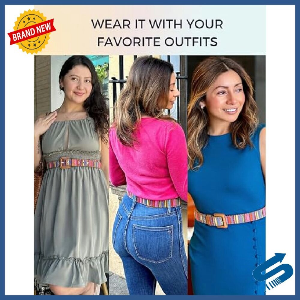 Adjustable Vegan Leather & Woven Fabric Belt for Women - 7 Hole Design - Picture 6 of 7